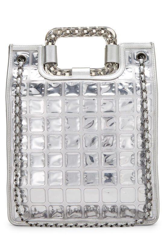 Chanel Metallic Silver Quilted Leather Ice Cube Shopping Tote