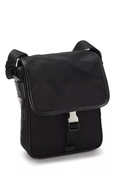 Black Nylon Buckle Flap Messenger Bag Small, , large