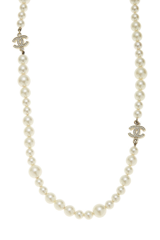 AUTHENTIC Classic Chanel Silver CC Pearl Embellished Necklace Long Multi  Strand