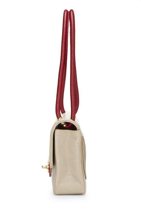 Cream & Red Perforated Lambskin Flap Bag, , large image number 3