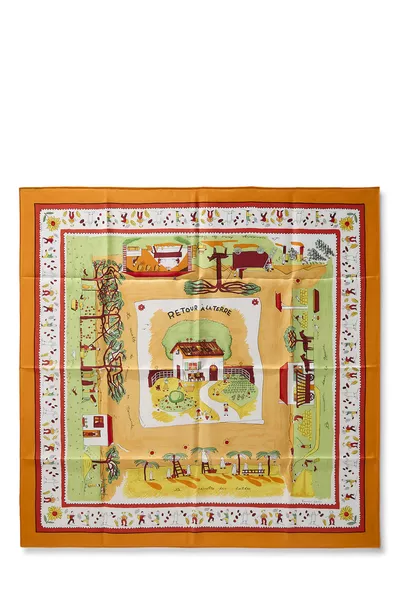Orange & Multicolor 'Retour A La Terre' Silk Scarf 90