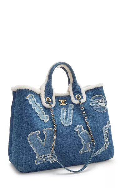 Paris-Egypt Blue Denim & Shearling Hieroglyph Shopping Tote, , large