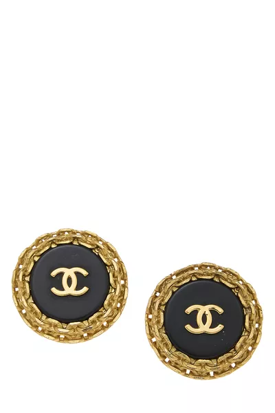 Gold & Black 'CC' Chain Border Earrings Large