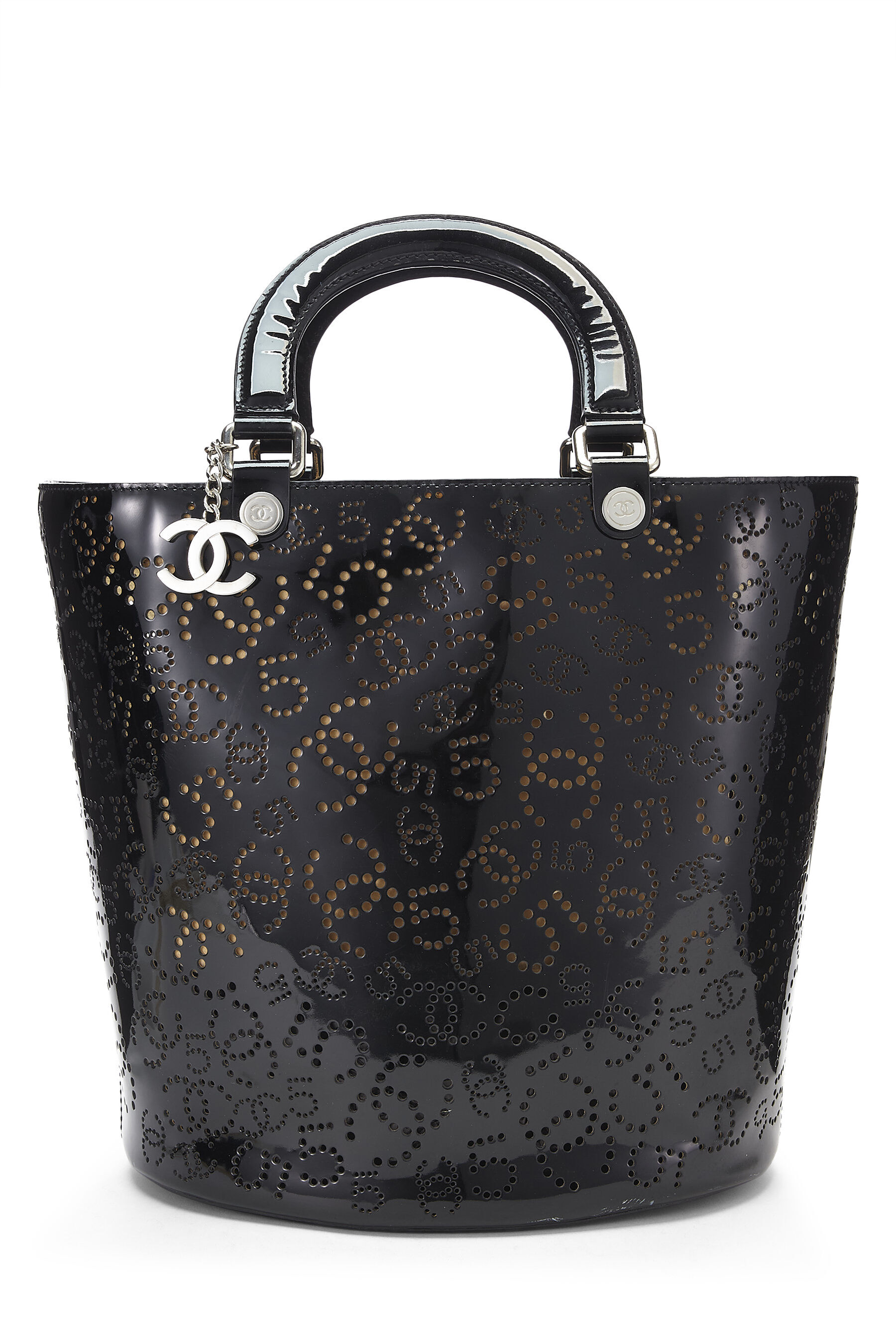 Chanel Black Perforated Patent Leather Vertical Bucket Tote Chanel Black Perforated Patent Leather Vertical Bucket Tote