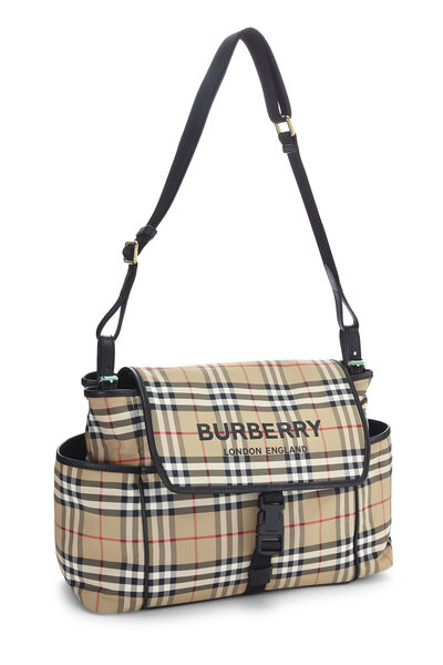 Beige House Check Nylon Diaper Bag, , large