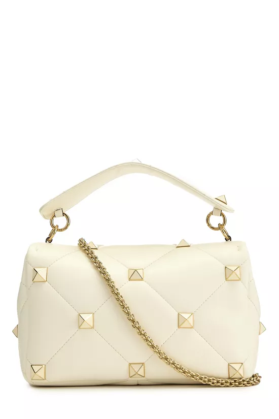 White Leather Roman Stud Flap Bag Medium, , large image number 3