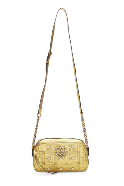 Metallic Gold Leather GG Marmont Pearly Crossbody Small, , large