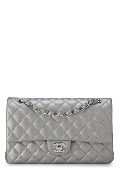 Silver Quilted Lambskin Classic Double Flap Medium