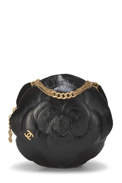 Chanel Black Patent Leather Camellia Round Chain Clutch