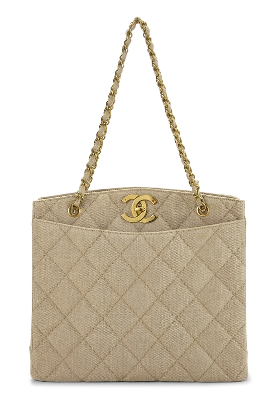 Beige Quilted Linen Turnlock Tote Large, , large image number 0