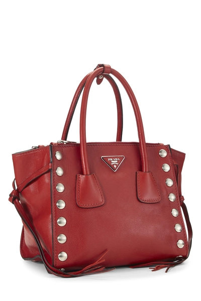 Red Calfskin Studded Twin Pocket Tote, , large