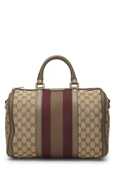 Gucci Grey Original GG Canvas Vintage Web Boston Bag Medium