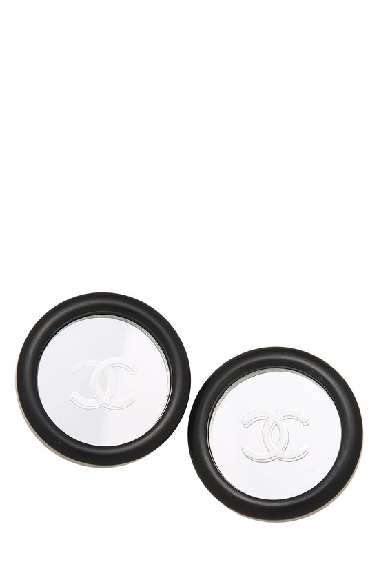 Black Acrylic 'CC' Mirror Button Earrings, , large image number 0