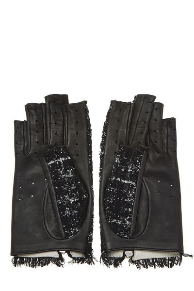 Black Lambskin & Tweed Fingerless Gloves, , large