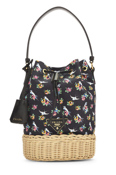 Multicolor Canvas & Wicker Drawstring Bucket Bag