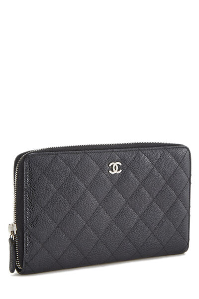 Black Quilted Caviar Zip Around Wallet, , large