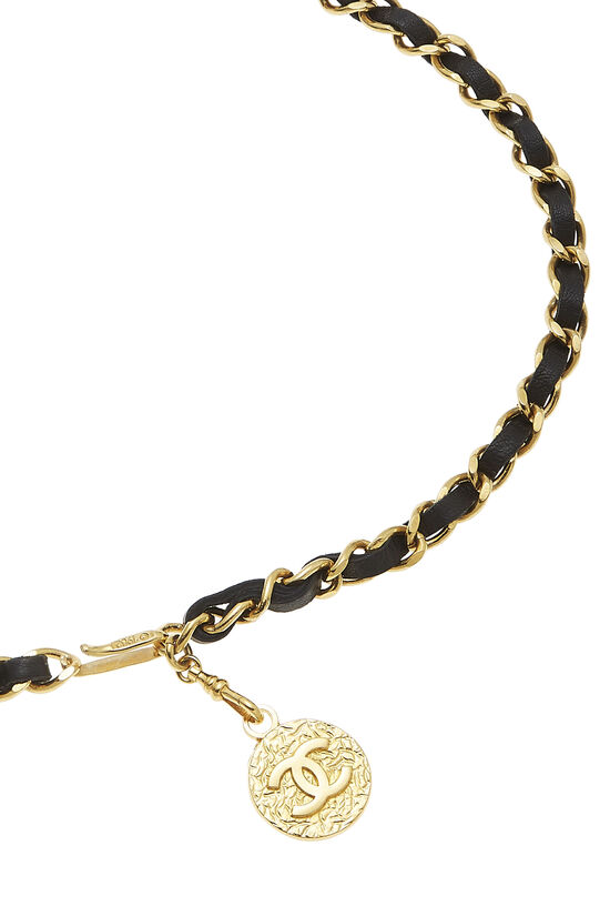 Gold & Black Leather Chain Belt, , large image number 1