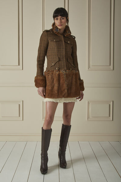 Brown Faux Fur-Trimmed Tweed Coat