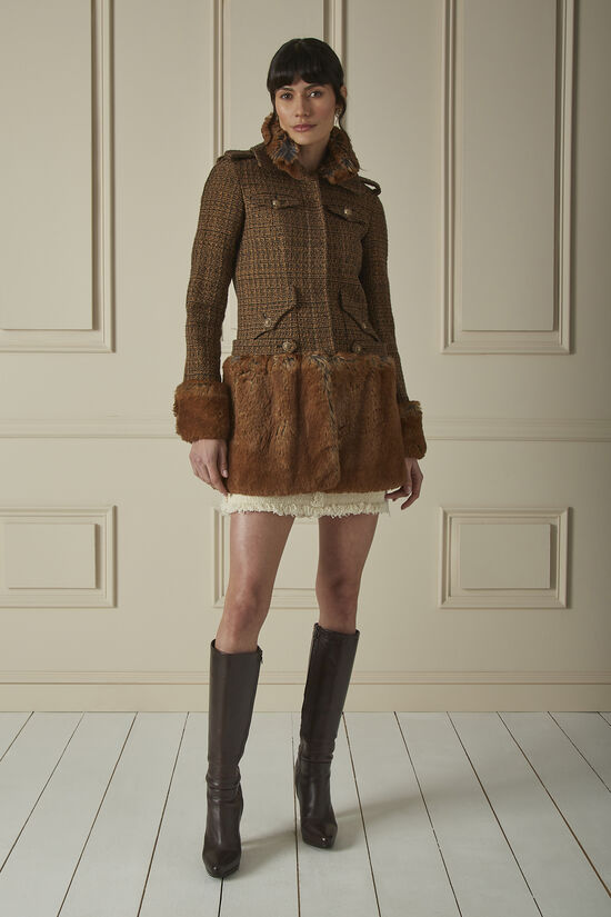 Brown Faux Fur-Trimmed Tweed Coat, , large image number 0