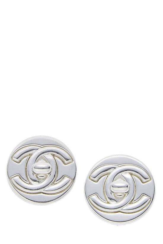 Chanel Silver-Tone Metal & Crystal Turnlock CC Clip-On Earrings