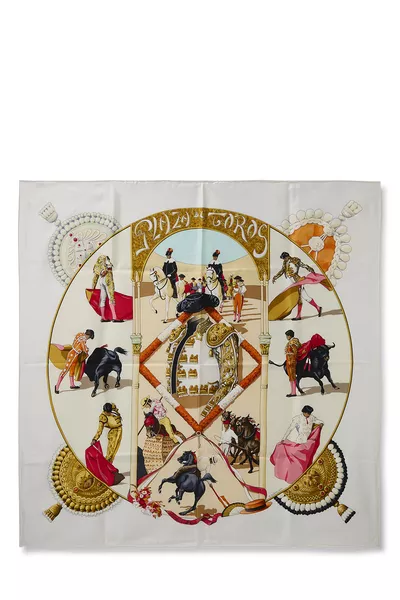 White & Multicolor 'Passiflores' Silk Scarf 90