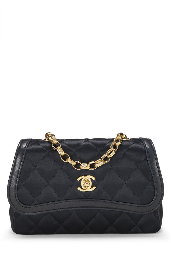 Black Quilted Satin Curved Flap Mini