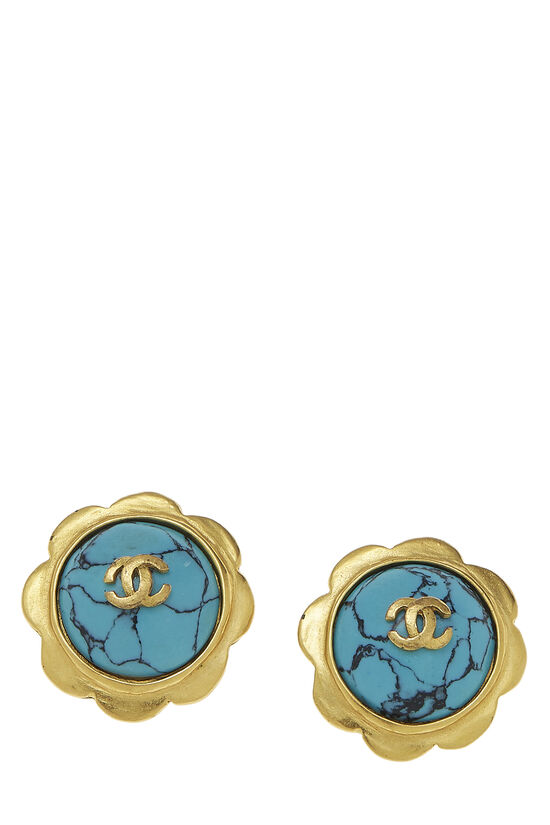 Gold & Turquoise 'CC' Flower Earrings, , large image number 0