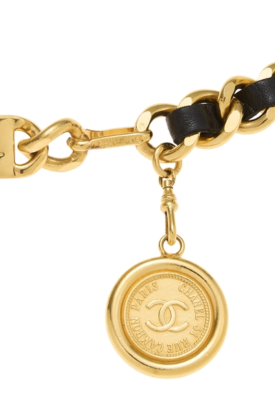 Gold & Black Leather Chain Belt, , large