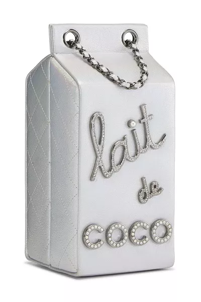 Metallic Silver Leather Coco Milk Carton Bag, , large