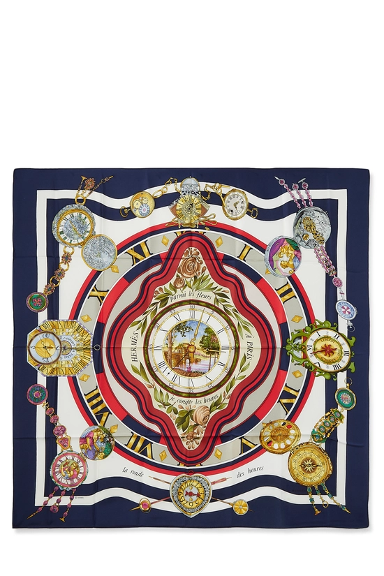 Navy & Multicolor 'Parmi les Fleurs Je Compte les Heures' Silk Scarf 90, , large image number 0