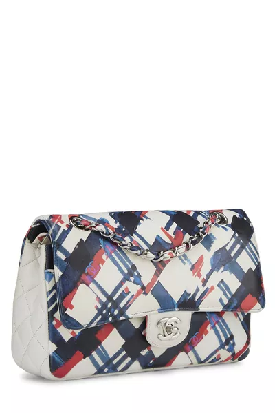 White & Multicolor Plaid Calfskin Airline Classic Double Flap Medium, , large