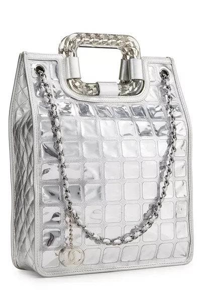 Metallic Silver Quilted Leather Ice Cube Shopping Tote, , large