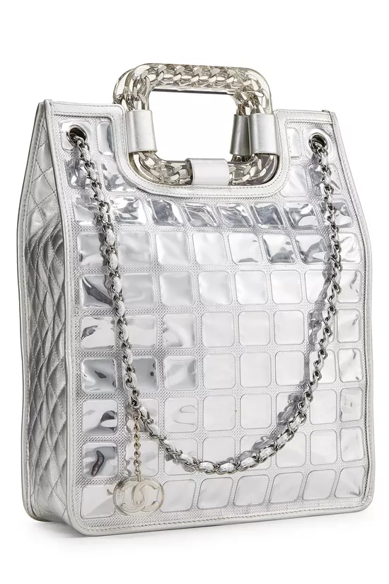 Metallic Silver Quilted Leather Ice Cube Shopping Tote, , large image number 1