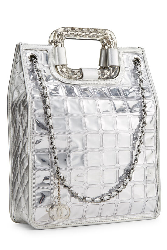 Metallic Silver Quilted Leather Ice Cube Shopping Tote, , large image number 1