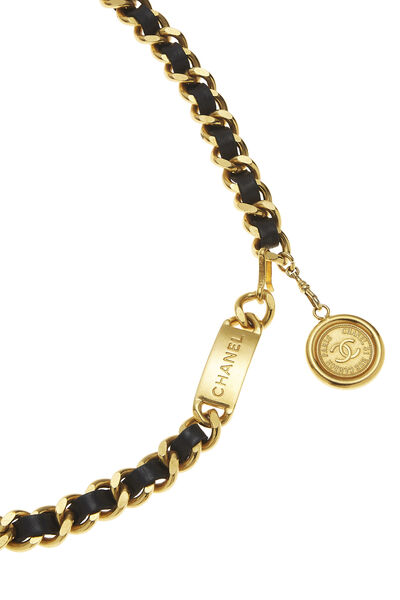 Gold & Black Leather 'CC' Medallion Chain Belt, , large
