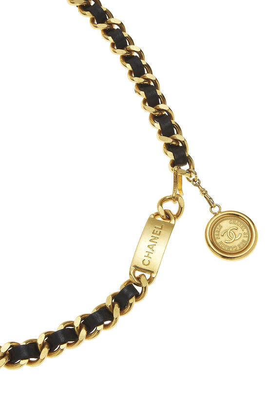 Gold & Black Leather 'CC' Medallion Chain Belt, , large image number 2