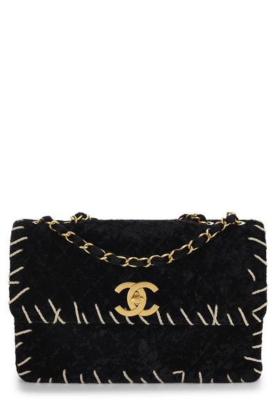 Chanel Black Crushed Velvet Whipstitch Half Flap Jumbo