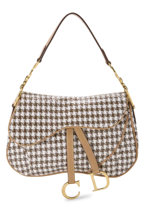 Brown Houndstooth Tweed Double Saddle Bag, , large image number 0