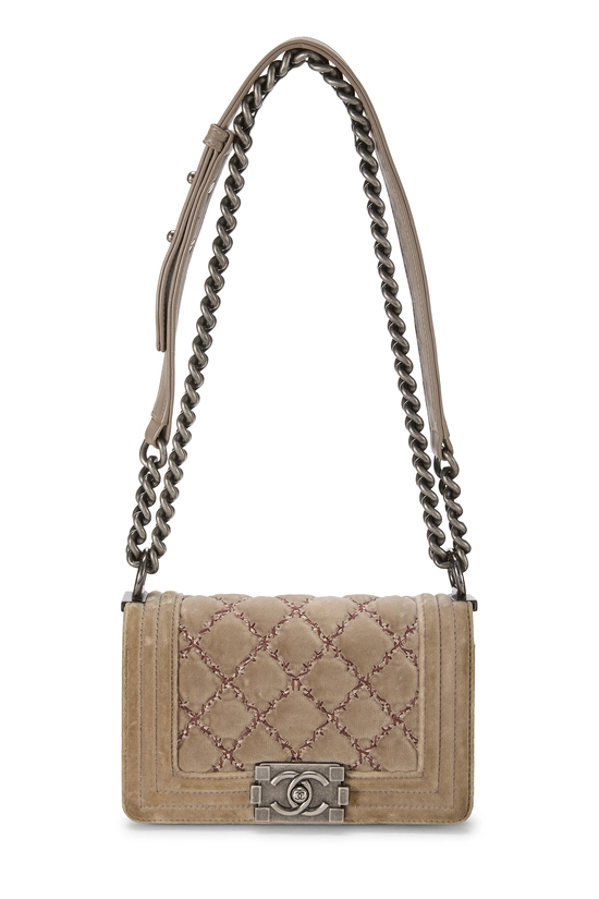 Beige Quilted Velvet Boy Bag Small, , large image number 0