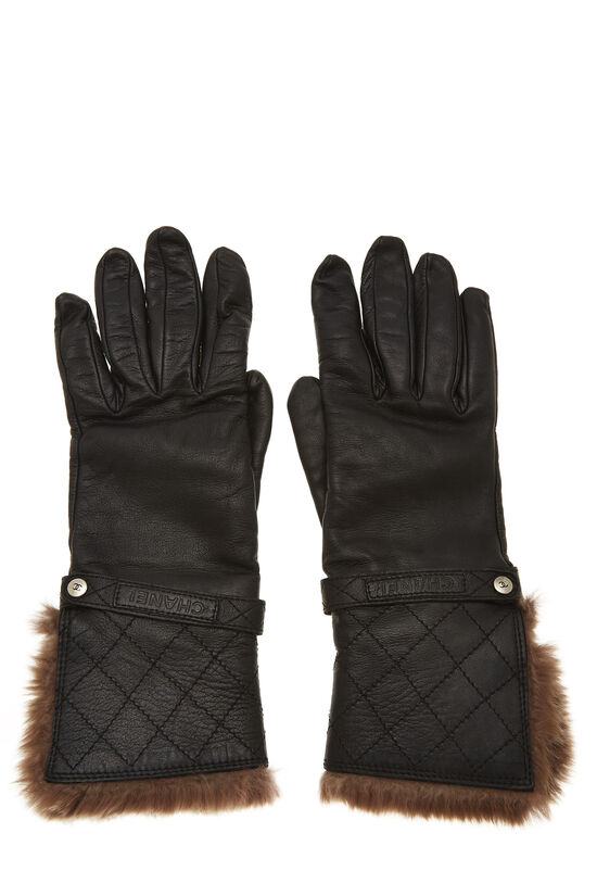Black Leather Fur Trimmed Gloves, , large image number 1