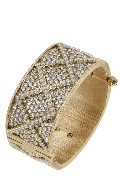 Gold 'CC' Faux Pearl Crystal Cuff, , large
