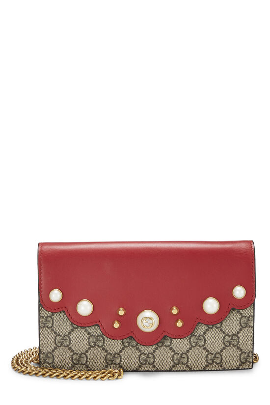 Gucci Red Original GG Supreme Canvas Pearl Studded Wallet-On-Chain (WOC)  QFA2EG06PB001