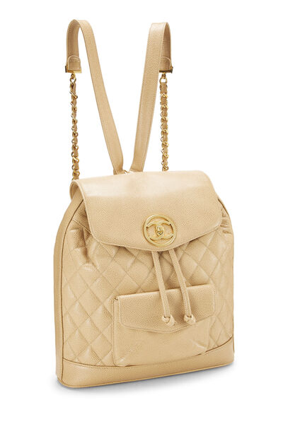 Beige Quilted Caviar Circle Lock Backpack Large, , large