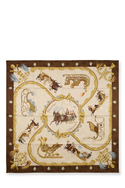 Brown & Multicolor 'Plumes et Grelots' Silk Scarf 90