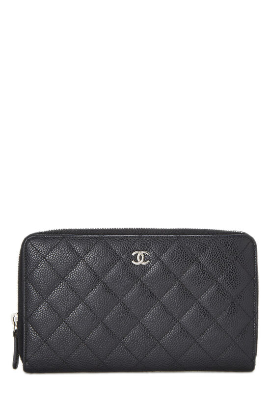 Black Quilted Caviar Zip Around Wallet, , large image number 0