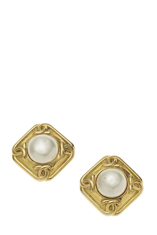 Gold & Faux Pearl 'CC' Earrings, , large image number 1