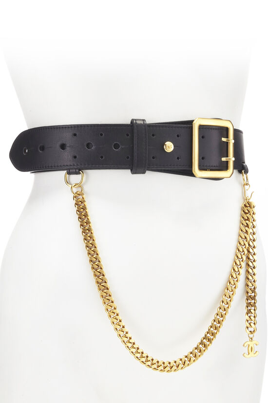 Black Leather & Gold Chain Belt 75, , large image number 1