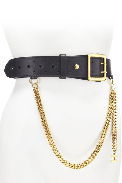 Black Leather & Gold Chain Belt 75, , large