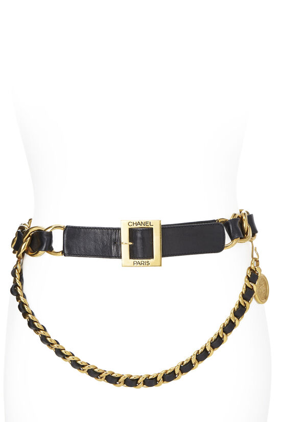 Chanel Gold & Black Leather 'CC' Medallion Chain Belt Q6A01M1LKB011