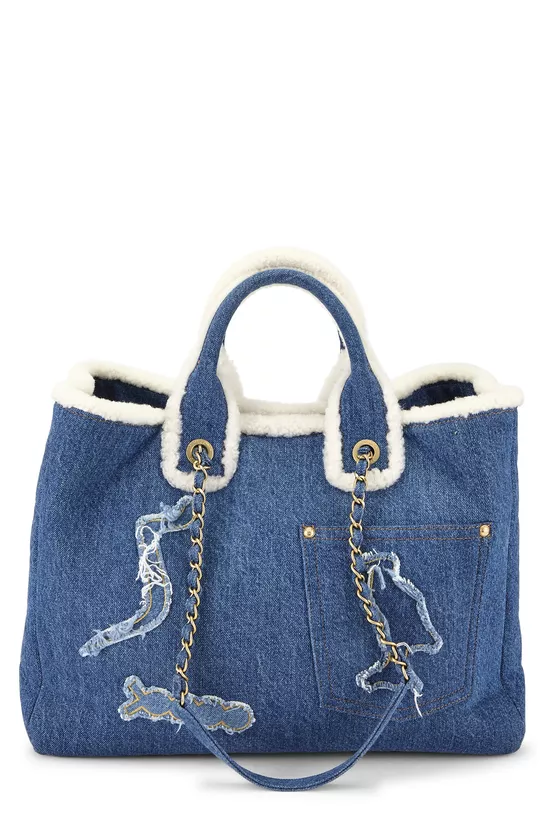 Paris-Egypt Blue Denim Shearling Hieroglyph Shopping Tote, , large image number 3